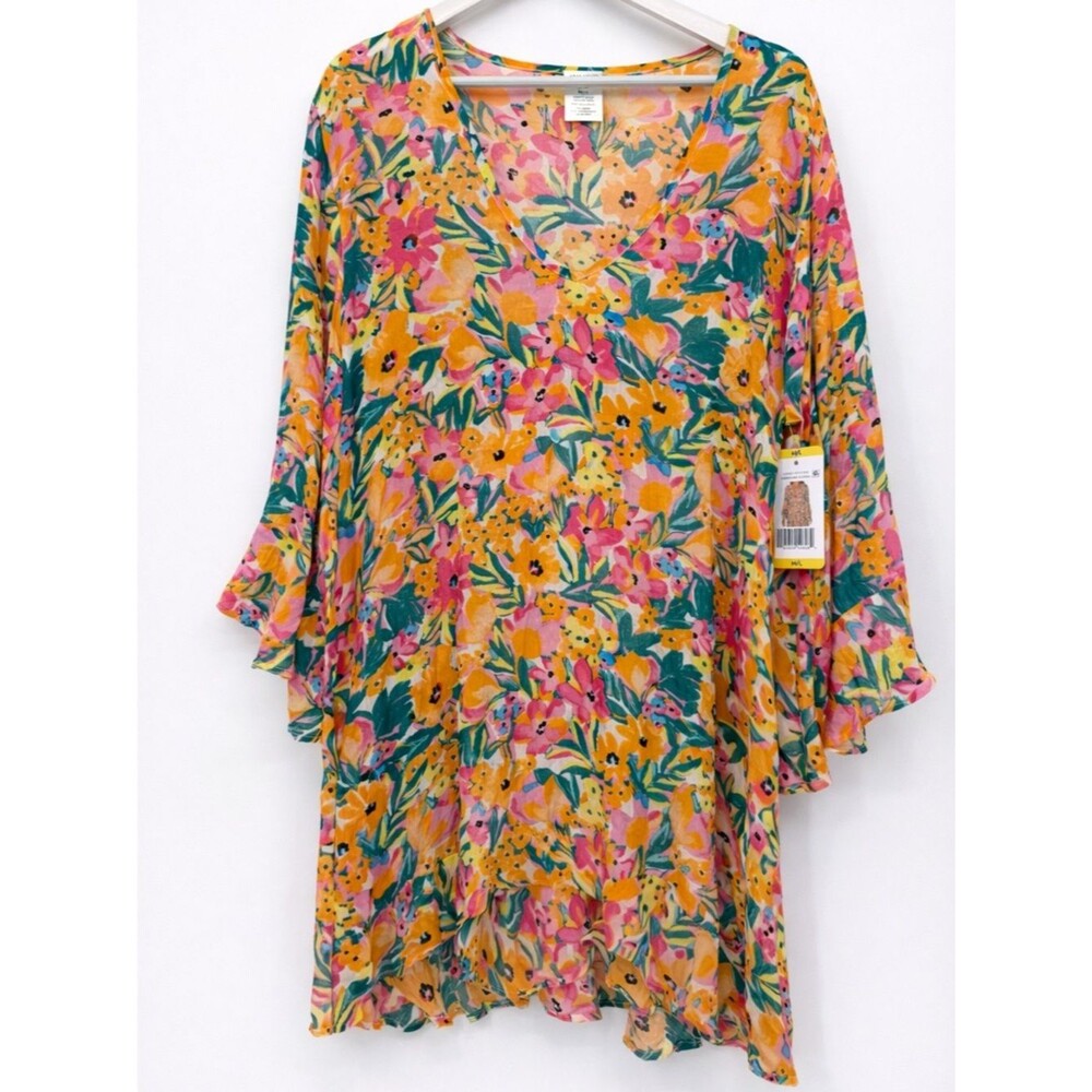 Anne Cole Colorful Floral Swim Coverup Flare Sleeve Size M/L